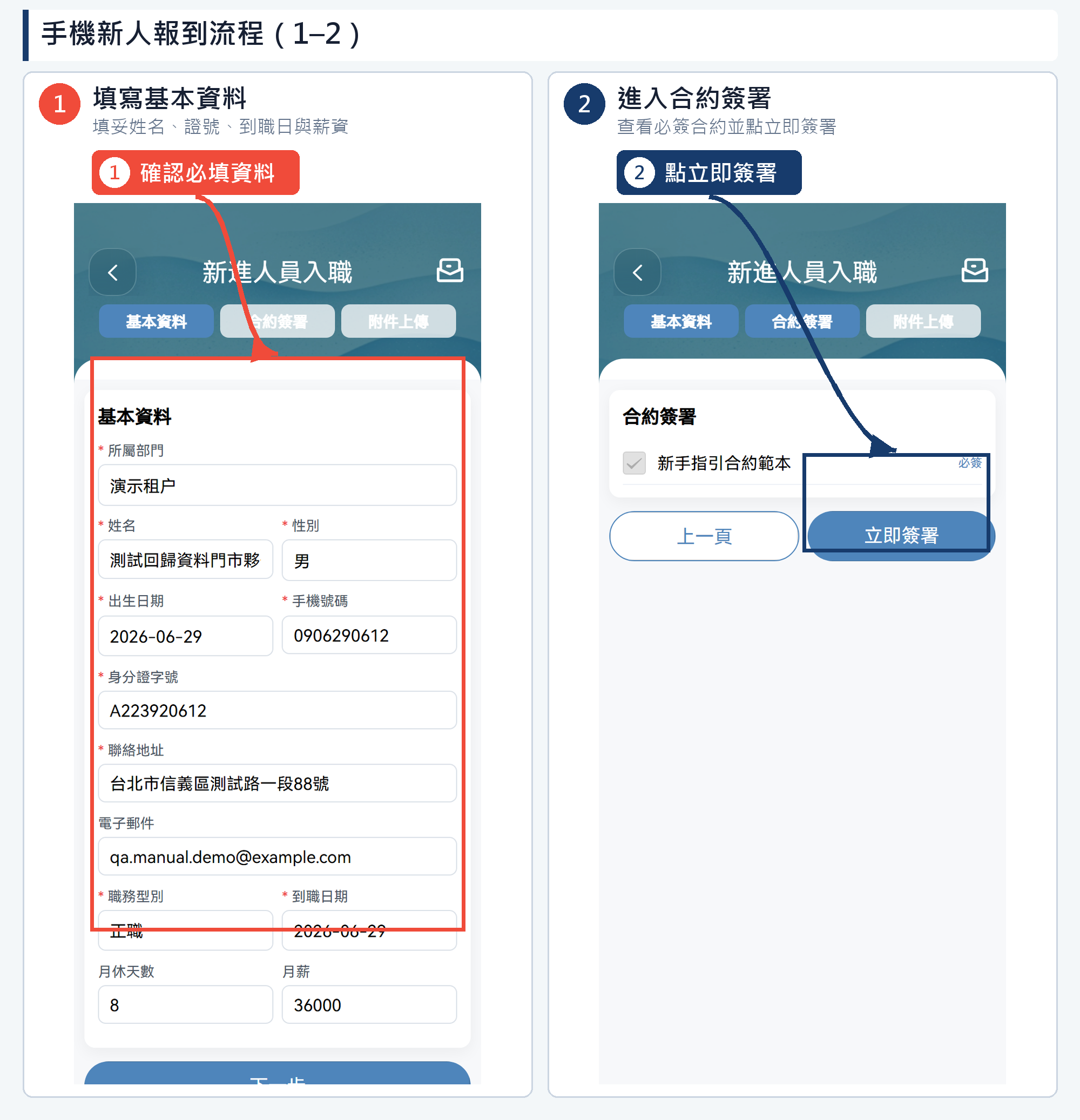 手機新人報到流程第 1–2 步網頁端高清教學圖